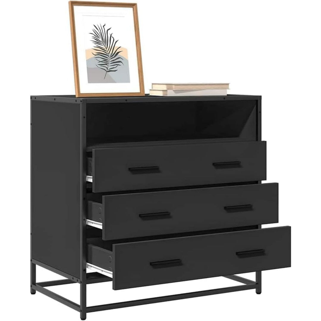 Das Sideboard zeigt Schubladen in Schwarz